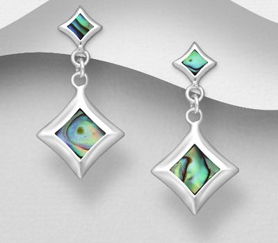 925 Sterling Silver Rhombus Push-Back Earrings, Decorated with Shell