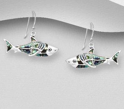 925 Sterling Silver Hook Earrings Featuring Shark Decorated With Shell