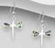 925 Sterling Silver Dragonfly Dangle Hook Earrings Decorated with Shell