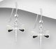 925 Sterling Silver Dragonfly Dangle Hook Earrings Decorated with Shell