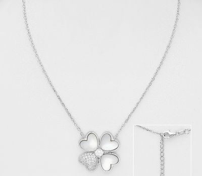 925 Sterling Silver Flower Necklace, Decorated with CZ Simulated Diamonds and Shell