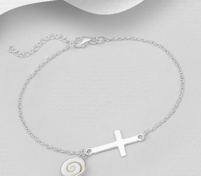 925 Sterling Silver Bracelet Featuring Cross Decorated with Shiva Shell