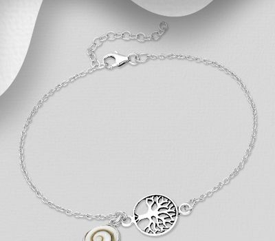 925 Sterling Silver Bracelet Featuring Tree of Life Decorated with Shiva Shell