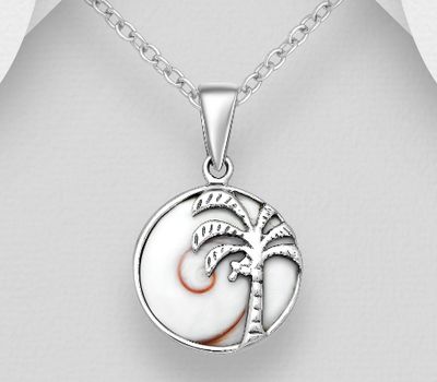 925 Sterling Silver Oxidized Coconut Tree Pendant, Decorated with Shiva Shell