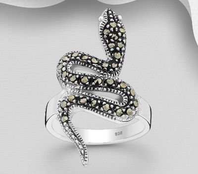 925 Sterling Silver Oxidized Snake Ring, Decorated with Marcasite