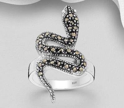 Şəkli böyütmək üçün tiklayın 925 Sterling Silver Oxidized Snake Ring, Decorated with Marcasite