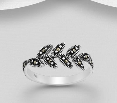 925 Sterling Silver Oxidized Leaf Ring Decorated with Marcasite