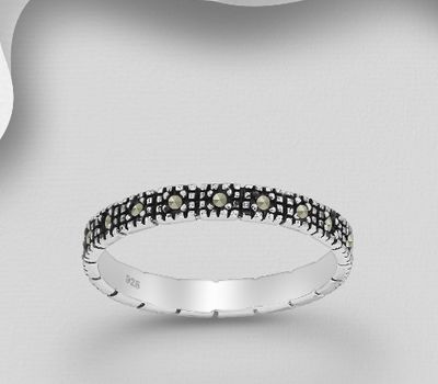 925 Sterling Silver Band Ring, Decorated with Marcasite, 3 mm Wide