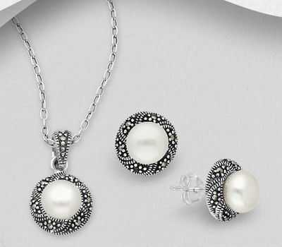 925 Sterling Silver Oxidized Push-Back Earrings and Pendant Jewelry Set Decorated with Freshwater Pearls