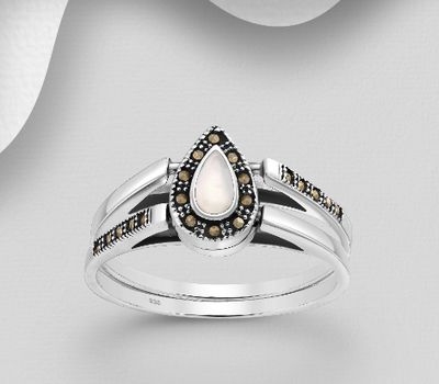 925 Sterling Silver Ring Decorated With Marcasite and Shell
