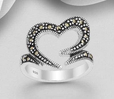 925 Sterling Silver Heart Ring, Decorated with Marcasite