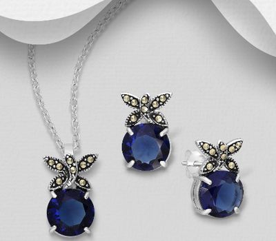 925 Sterling Silver Push-Back Earrings and Pendant Jewelry Set, Decorated With CZ Simulated Diamonds and Marcasite