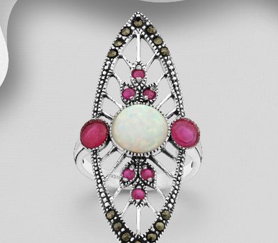 925 Sterling Silver Ring Decorated With CZ and Lab-Created Opal and Marcasite