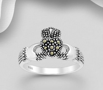 925 Sterling Silver Claddagh Ring, Decorated with Marcasites