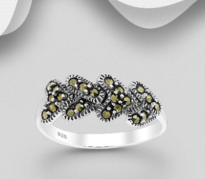 925 Sterling Silver Oxidized Heart Ring, Decorated with Marcasite