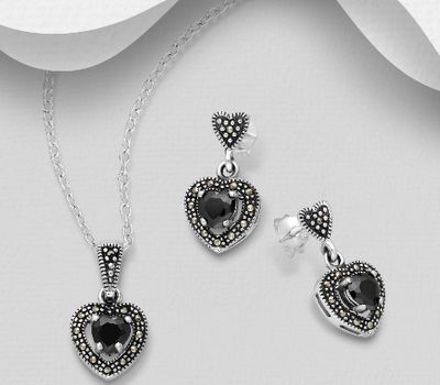 925 Sterling Silver Heart Push-Back Earrings & Pendant Decorated With CZ & Marcasite