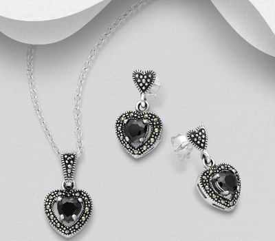 Şəkli böyütmək üçün tiklayın 925 Sterling Silver Heart Push-Back Earrings & Pendant Decorated With CZ & Marcasite