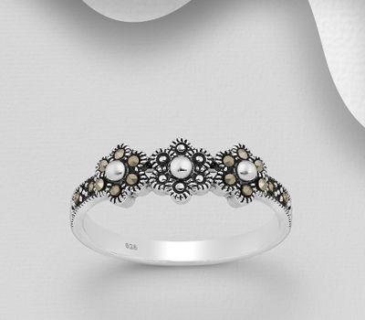 925 Sterling Silver Flower Ring Decorated with Marcasite