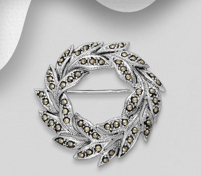 925 Sterling Silver Oxidized Leaf Brooch, Decorated with Marcasite