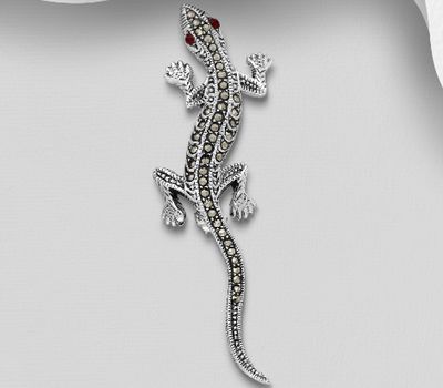 925 Sterling Silver Lizard, Gecko Brooch Decorated With Marcasite