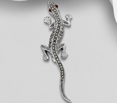 Malın səhifəsinə keç 925 Sterling Silver Lizard, Gecko Brooch Decorated With Marcasite