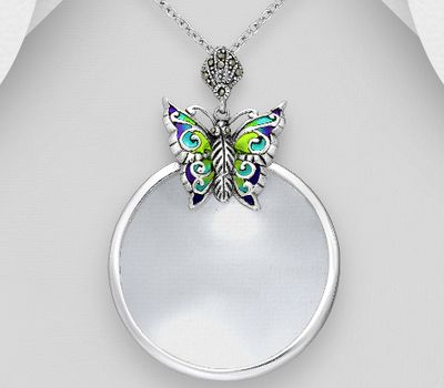 925 Sterling Silver Butterfly Magnifying Glass Pendant, Decorated with Colored Enamel, Glass and Marcasite