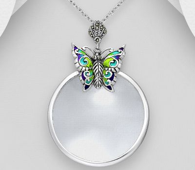 Şəkli böyütmək üçün tiklayın 925 Sterling Silver Butterfly Magnifying Glass Pendant, Decorated with Colored Enamel, Glass and Marcasite