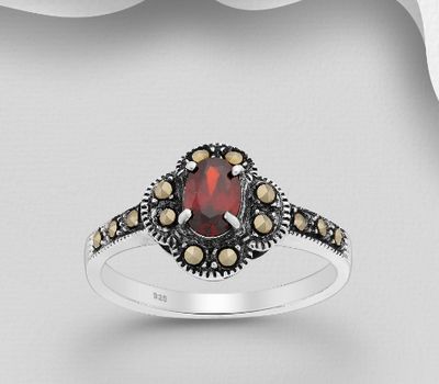 925 Sterling Silver Ring Decorated With Marcasite and Garnet