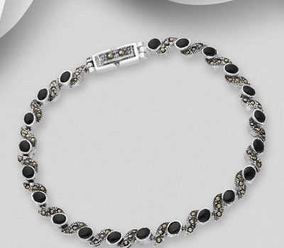 Şəkli böyütmək üçün tiklayın 925 Sterling Silver Bracelet Decorated With Marcasite and Semi-GemStones
