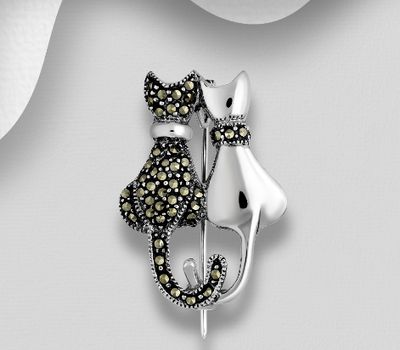 925 Sterling Silver Cat Brooch Decorated With Marcasite
