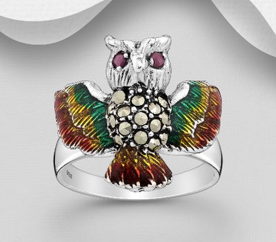 925 Sterling Silver Owl Ring, Decorated with Colored Enamel, Marcasite and Ruby