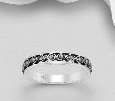 Malın səhifəsinə keç 925 Sterling Silver Oxidized Band Ring, Decorated with Marcasite, 4 mm Wide