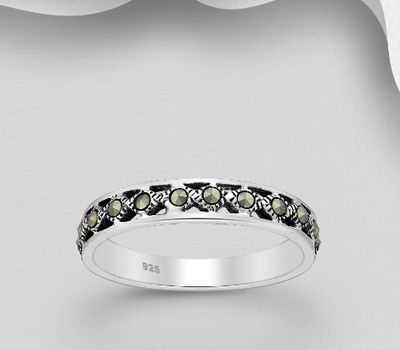 925 Sterling Silver Oxidized Band Ring, Decorated with Marcasite, 4 mm Wide