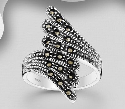 925 Sterling Silver Oxidized Ring, Decorated with Marcasite