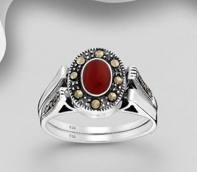 925 Sterling Silver Ring Decorated With Marcasite And Semi-Gemstones