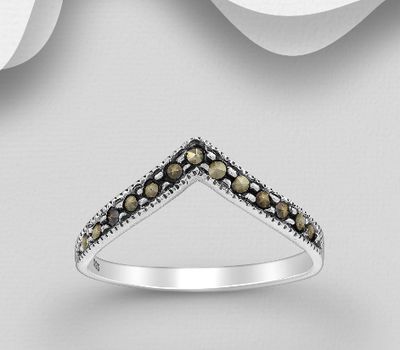 925 Sterling Silver Chevron Ring Decorated With Marcasite