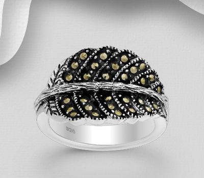 925 Sterling Silver Oxidized Leaf Ring, Decorated with Marcasite