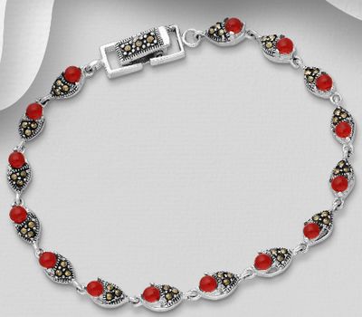 925 Sterling Silver Bracelet Decorated With Marcasite, Gemstones, Reconstructed Stone and Shell
