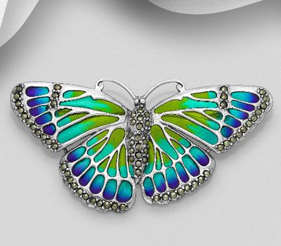Şəkli böyütmək üçün tiklayın 925 Sterling Silver Butterfly Brooch, Decorated with Colored Enamel and Marcasite