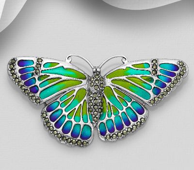 925 Sterling Silver Butterfly Brooch, Decorated with Colored Enamel and Marcasite