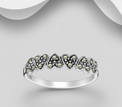 925 Sterling Silver Oxidized Heart Ring, Decorated with Marcasite