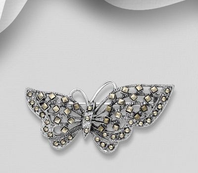 925 Sterling Silver Oxidized Butterfly Brooch, Decorated with Marcasite