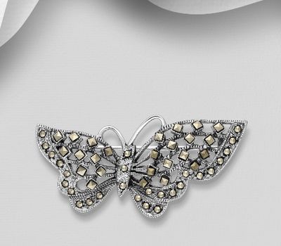 Şəkli böyütmək üçün tiklayın 925 Sterling Silver Oxidized Butterfly Brooch, Decorated with Marcasite
