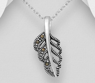 925 Sterling Silver Oxidized Leaf Pendant, Decorated with Marcasite