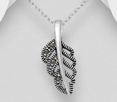 Şəkli böyütmək üçün tiklayın 925 Sterling Silver Oxidized Leaf Pendant, Decorated with Marcasite
