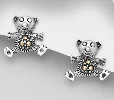 925 Sterling Silver Bear Push-Back Earrings, Decorated with Marcasites