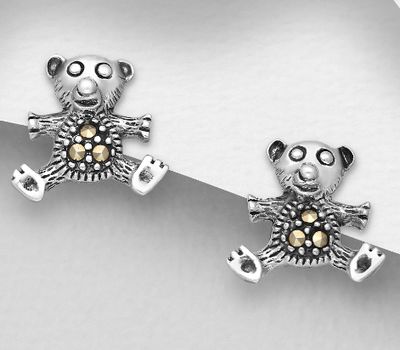 Şəkli böyütmək üçün tiklayın 925 Sterling Silver Bear Push-Back Earrings, Decorated with Marcasites
