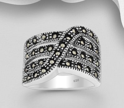 Şəkli böyütmək üçün tiklayın 925 Sterling Silver Oxidized Ring, Decorated with Marcasite