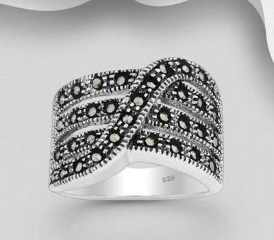 925 Sterling Silver Oxidized Ring, Decorated with Marcasite