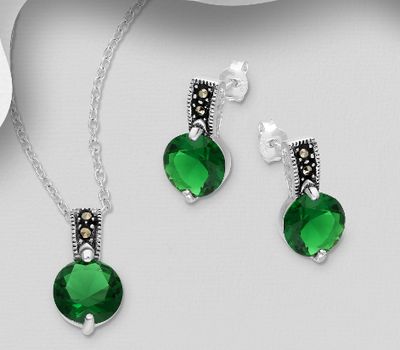 925 Sterling Silver Push-Back Earrings and Pendant Jewelry Set, Decorated with Marcasite and CZ Simulated Diamonds